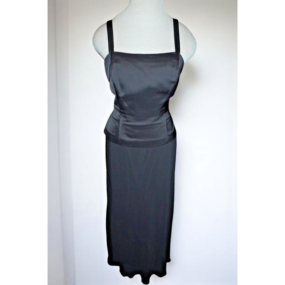 Alex Evenings Petite 8P Black Sleeveless Midi Dress | Square Neck Satin Bodice - Picture 2 of 7